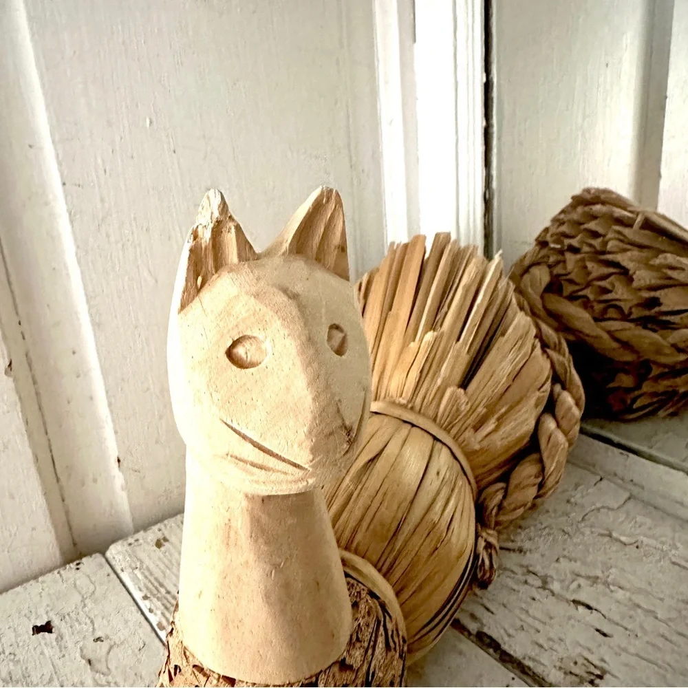 Cat Carved Wood Face Straw Husk Reed Body Decoy Figure 12” Home Decor Rustic Vtg